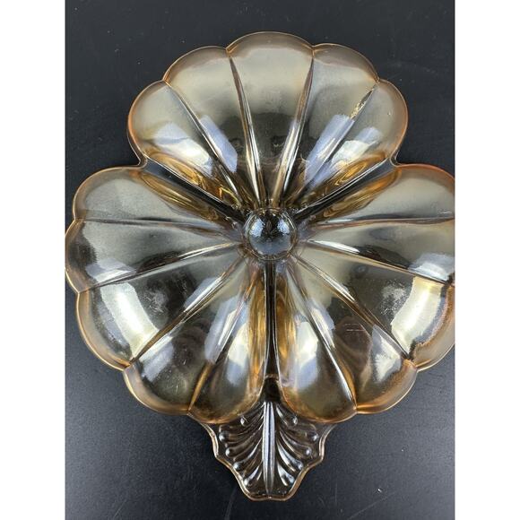 Divided Dish Plate Art Glass Iridescent Amber Clover Leaf Candy Trinket VTG - Picture 2 of 5